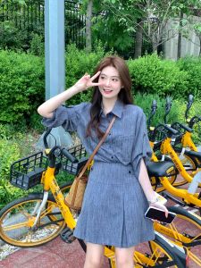 Fashionable Summer Denim Set Womens Miniature Vintage Shirt Top Sweet Sister Pleated Short Skirt Whole Set Trendy Polyester Short Sleeve Button up