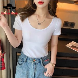 GanLai Women T Shirt New Solid Short Sleeved T-shirt Women Slim Fit Student White T-shirt Bottom Top Women V-neck Round Neck Top