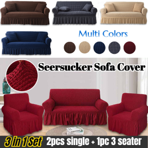 Sofa Cover Set of 3 PCS(2PCS Single Seater and 1PC 3 Seater)Elastic Seersucker Sofa Seat Cover With Lace Skirt Modern Slipcover