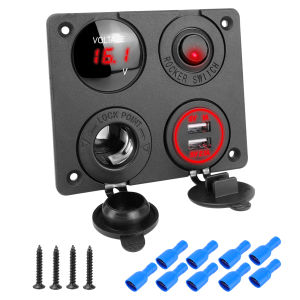 Four in One Panel 12V/24V 3.1A Dual USB Power Adapter with LED Voltmeter and Rocker Switch Suitable for Marine RV Trucks