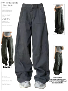 กางเกงยีนส์ทรงหลวมขาตรงสไตล์อเมริกันย้อนยุคสำหรับผู้หญิง กางเกงขายาวทรงหลวมสบายๆ ดีไซน์สตรีท เทรนด์ฤดูใบไม้ร่วง