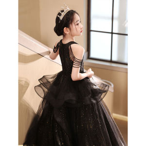 Girls Black Evening Dress Kids Birthday Princess Dress Flower Girl Host Piano Catwalk Performance Costumes Summer