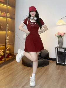 Summer American Retro Print Sweet and Spicy Short Skirt for Women Plus Size Slightly Oversized Girls Slim Fit Slimming Waist Trimming Short-Sleeved Dress