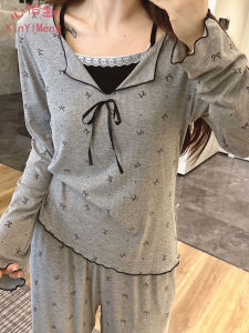 Womens Long Sleeve Modal Sleepwear Set Sweet Home Style with Chest Pad Integrated Design Spring Autumn Comfortable Underwear