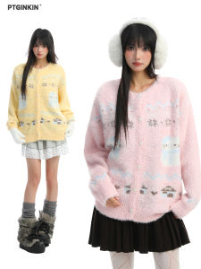 Soft Cozy Christmas Snowman Mink Knit Cardigan Sweater Womens Autumn Winter Lazy Style Knitted Outerwear Sweet Loose Fit