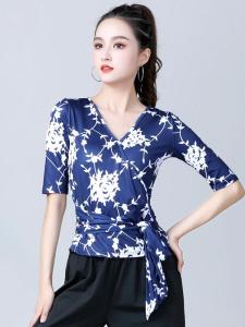 Adult Womens Square Dance Clothing Top Sleeve V-neck Latin Dance Practice Performance Uniform Standard Ballroom Social Dancewear