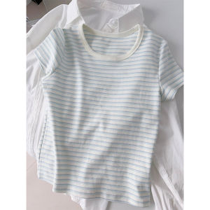 Blue Striped Slim Fit Short Sleeve T-Shirt Womens Spring Summer New Style Korean Version Commute round Neck Top Shirt