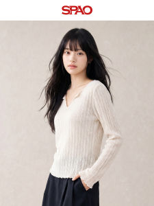 spao | Áo Thun Dệt Kim Vòng Cổ Tim Ôm Phong Cách Thường Nhật Có Ren Nhỏ Flax