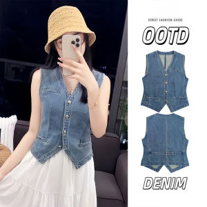 Womens Denim Vest Summer Small Size Hong Kong Style Retro Sleeveless V-Neck Top Versatile Outerwear Cotton Blend Shorts