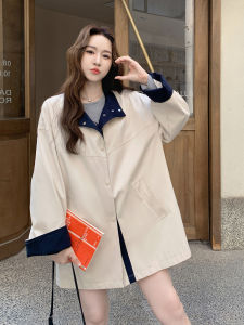 Fashionable Khaki Splicing Windbreaker Loose Fit Mid-Length Casual Style Outerwear for Autumn Season Versatile Commute Ready