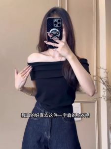 Black Shoulder Bared Tube Top Womens Summer T-Shirt Sweet And Spicy Unique Cool Short Sleeve round Neck Korean Style Slim Fit