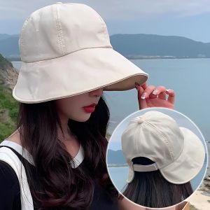 Women Summer Sunhat Cotton Ponytail Bucket Hat Outdoor Beach Adjustable Sun Visor Hats Solid Color Foldable Fisherman Cap