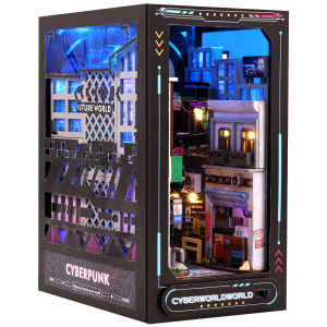 DIY Book Nook Kit 3D Wooden Puzzle Bookshelf Insert Decor with LED Light Mini Dollhouse Model Kit Insert Bookend Building Kit