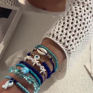 ** 1 Set Summer Ocean Blue Beads Strand Hand Chain Bohemia Starfish Shell Beaded Bracelets For Women Jewelry Beach Vacation Gift