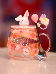 High Borosilicate Glass Mark Cup Rabbit Breakfast Mug Large Capacity with Lid Spoon Flower Tea Straw Cup Heat Resistant Glass Cup
