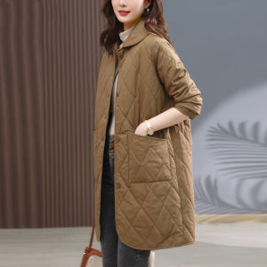 Thin Cotton Jacket Womens Mid-Length Quilted Diamond Pattern Winter Coat Lightweight Mommy Cotton Padded Outerwear