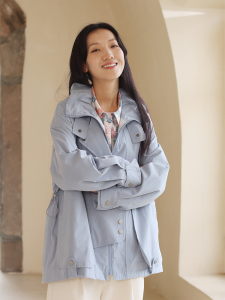 WUSEWUWEI | Colorless Odorless Cotton Urban Casual Design Womens Long Sleeve Jacket Mid-Length Coat Chain Detail Stand Collar Zipper Closure