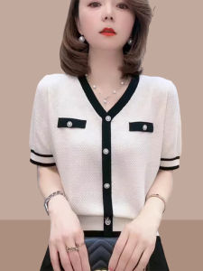Shalldoer | Slimming V-Neck Contrast Color Tencel Short Sleeve Knit Top