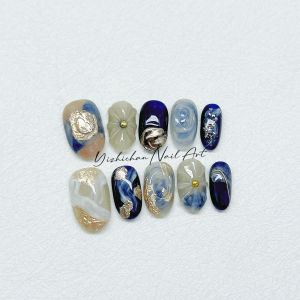 2025 ใหม่ Blue Green Gradient 3D Floral Pure Handmade Wearable Nails Simple Elegant White Oval Nail Art Stickers