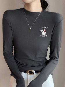 Double-Sided Velvet Long Sleeve Base Shirt Womens Autumn Winter Inner Wear Small Collar Warm Top Fashion Korean Style Polyester Fabric Printed T-shirt