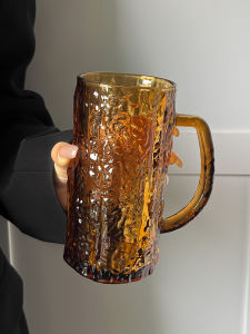 Large Capacity Hero Glass Cup with Handle Tree Pattern Amber Color Drinking Water Beer Juice Coffee Universal Nordic Style Cup