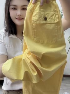 Quần Dài Nữ Cotton Nguyên Chất Cạp Cao Mùa Hè Mới Quần Dài Ống Đứng Màu Vàng Quần Dài Thường Ngày Quần Dài Harlan