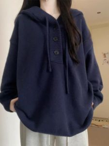 Blue Hooded Knit Sweater Womens Loose Korean Style Autumn Winter New Lazy Fashion High Sensation Knitted Top Shirt