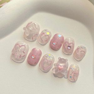 Transparent Pink Gradient Bear Butterfly Nail Art Short Wearing False Nails White Enhancing Cute Design Girls Heart
