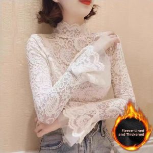 chaqi | Fashionable Lace Fleece Lined Slim Fit High Collar Long Sleeve Top Korean Style Commute Wind Winter New Arrival Versatile Top
