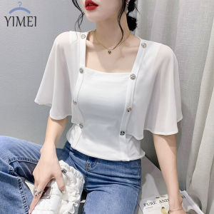 YIMEI French Square Neck T-shirt for Women 2023 Summer New Chiffon Shawl Sunscreen 5/4 Sleeve Womens Black Top Cotton Slim Fit Beautiful Guangzhou Womens T-shirt