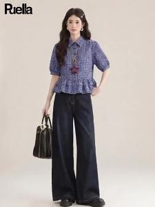 puella | Summer Korean Style Plaid Short Sleeve Shirt and Wide Leg Jeans Set
