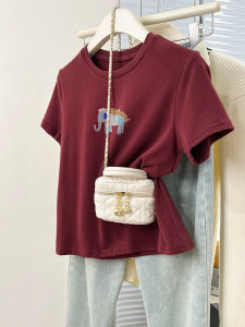 Red Pure Cotton Short Sleeve T-Shirt Womens Summer Loose Top Fashion Design Commute Style Creative Pattern round Neck Basic Fit