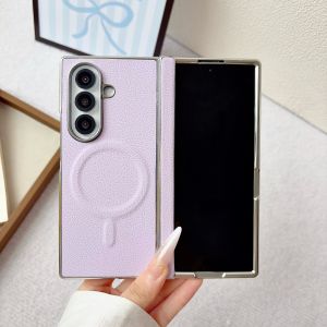 Electroplated Leather Phone Case for Samsung Galaxy Z Fold8 Ultra Fold 8 7 for MagSafe Magnetic Wireless Charge Protective Cover