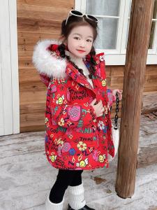 Girls Winter Cotton Jacket Red Childrens Winter Coat Festive New Years Outfit Small Girl Cartoon Print Thickened Hooded Zipper