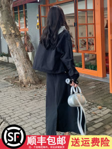 Black Casual Two-Piece Set Vintage Hong Kong Style Loose Coat And Ankle-Length Skirt Womens Fashion Ensemble Autumn 2024