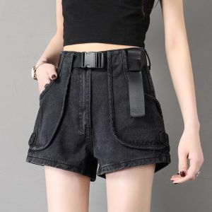 กางเกงขาสั้นผ้ายีนส์สีดำสำหรับผู้หญิงฮอตแพนท์ทรงเอเอวสูงทรงหลวมสไตล์เกาหลีแนววินเทจสไตล์ฮ่องกงแฟชั่นแบบใหม่ฤดูใบไม้ผลิและฤดูร้อนปี2024