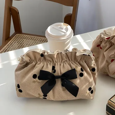 Soft Corduroy Cherry Make Up Bags for Mom Mommy Bag Baby Diaper Nappy Organizer Bowknot Women Evening Cluth Purse Maternity Bag