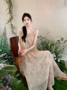 French Elegant Goddess Style Printed Strap Long Dress Summer New Super Fairy Vacation Dress Womens Korean Version A-Line Skirt