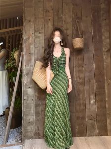 Elegant French Vintage Green Plaid Dress Womens Summer High Waist Belted Neck Hanging Long Dress Stylish A-Line Gown