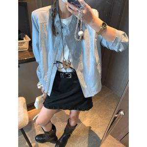 เสื้อแจ็คเก็ตหนัง PU ทรงมอเตอร์ไซค์สไตล์หวานและเท่ คอตั้ง ดีไซน์เก๋ไก๋ ทรงหลวม แขนยาว ปกติ แจ็คเก็ตหนัง PU สำหรับผู้หญิง