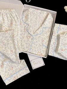 Floral Rabbit Pajamas Womens Summer Cloud Cotton Short Sleeve 3-Piece Set Cute Cartoon Design for Casual Home Use