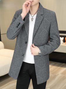 HENGYUANXIANG | Hengyuanxiang Mens Mid-Length Windbreaker Jacket Casual Woolen Coat Spring Autumn New Style Fashionable Urban Polyester Fiber