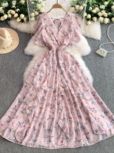 Váy Midi Chữ a Cổ Chữ V Họa Tiết Hoa Tay Ngắn Mùa Hè Cho Nữ Váy Midi Chữ a Cạp Cao Váy Chữ a Xếp Ly