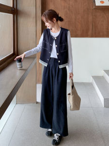 Womens Denim Set High Waist Wide Leg Pants Vest Inner Wear Three Piece Suite Casual Style Autumn New Fashion Retro Salt System