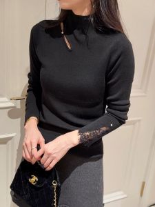 Black Lace Hollow out Long Sleeve Womens T-shirt Slim Fit Base Shirt Inner Wear Design Sense Korean Style Commute Wind