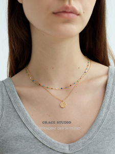 Colorful Dopaamine Beaded Necklace Chocker Vintage Gold Lockbone Chain French Vintage Style Alloy Necklace for Women