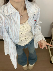 Áo Sơ Mi Kẻ Sọc Xanh Ren Viền Rộng Rãi Cho Nữ Mùa Xuân Hè Mới Về Áo Khoác Ngoài Chống Nắng Dài Tay Cổ Polo