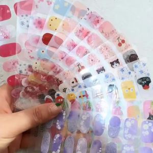 16Tips/Sheet Pink Blue Gradient Tulip Nail Polish Strips Long Oval Self Adhesive Semi-Cured Nails Stickers UV LED Manicure Wraps