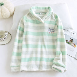Kids Autumn and Winter Thickening Flannel Pajamas Girl Candy Color Stripes Pullovers Home Wear Boy Heattech Unlined Top