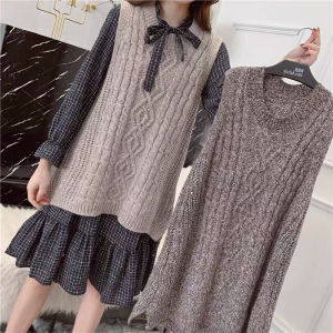 Áo Len Dệt Kim Hai Mảnh Thời Trang Xuân Thu Cho Nữ Bộ Váy Phong Cách Cổ Điển Áo Chui Đầu Cổ Tròn Dài Vừa Phải Không Có Khóa